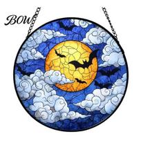Ghost Lantern Props Halloween Stained Glass Suncatcher Ornament, Vintage Hanging Window Decor with Pumpkin Bat Witch Weather Resistant Yard A