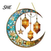 Decorative Suncatcher 2D Acrylic Star Moon Lantern Suncatcher, Crescent Window Hanging Ornament Sun Catcher for Home, Patio, Garden, Ramadan A