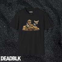 Soldier Skeleton Militarum Mascot sitting on Sandbags T-Shirt | war gaming Coffee Design 2XL