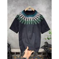 Men Feather Embroidered Neckline T Shirt Short Sleeve Mock Neck Oversized Casual Top for Men M juoda