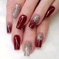 24pcs Golden Glitter Square Press on Nails - Medium Size Acrylic Wine Red Design for Bridal Wedding Use