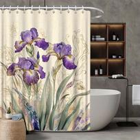 Floral Iris Shower Curtain, Vibrant Pink & Purple Design With Gold Accents, Fade-Resistant Polyester, All-Season Bath Decor W60H190(CM)-1 Pcs