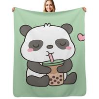 Cute Little Panda Enjoying Boba Tea Throw Blanket Warm Accent Blanket for Living Room Decoration Size: 75*100cm, Weight: 230 GSM