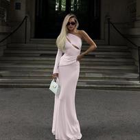 2026 new hot-selling evening dress long dress sexy waist hollow hollow single sleeve dress S šviesiai rausvos spalvos