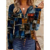 Painting Imitation Denim Elements, Printed Patterns, Code Tags, Women's Round Neck Zipper, Long Sleeves S