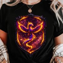Astral Phoenix Crest Shirt | Cosmic Firebird Fantasy Graphic Tee | Dark Mythic Art T-Shirt L