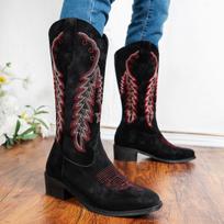 Vakarų kaubojiški batai moterims siuvinėtais keliais Cowgirl batai kvadratiniu pirštu storu kulnu Retro klasikiniai aukštaauliai moteriški platūs aulinukai 36 juoda