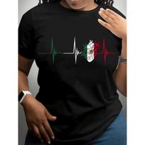 Vibrant Women's Heartbeat Mexican Flag Graphic Cotton T shirt with Crew Neck Short Sleeves Cultural Casual Top for Spring and Summer XL