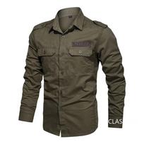 Men Military Multi-pocket Tooling Shirts Male Cotton Outdoor Casual Shirts Good Quality Man Large Size Solid Long-sleeved Shirts S žalia