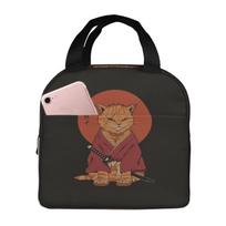 Japan Samurai Cat Print Lunch Bag Women Portable Cooler Thermal Insulated Lunch Box for Kids School Multifunction Food Bento Box One Size