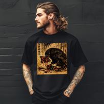 Devour Crow Monarch Butterfly Japanese Script T-Shirt | Vintage Boho S