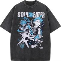 Japan Anime Soul Eater Black Star Printing T Shirt Men Washed T-shirts Casual Loose Tee Harajuku Male Manga Retro Tshirt M