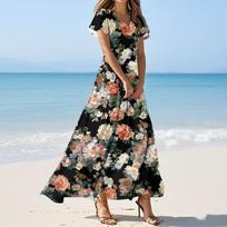 Women's Casual Fashion Print Long Dresses V-Neck Short Sleeve Dresses L juoda