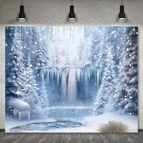 Icy Wonderland 2D Backdrop, Frozen Waterfall & Snowy Forest Photo Background 47.2x31.5inch/120*80cm