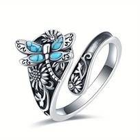 1 Pcs Vintage Ring Flower Dragonfly Blue Opal Open adjustable Rings Jewelry Birthday Gift For Women Men sidabras