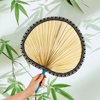 TaTanice Handmade Palm Leaf Fan Traditional Ribless Fan Vintage Style Brocade Edged Round Blue Fan