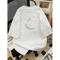 Crescent Moon Star Print Graphic Tee Breathable Cotton Casual Short Sleeve T-Shirt for Men S