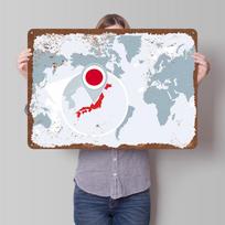 Japan Map With Flag Pinpoint Printed Poster Customized Wall Art Retro Vintage Metal Tin Signs for Home Aesthetic Decoration Room 20X30CM