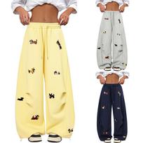 Embroidery Puppy Baggy Barrel Sweatpants Casual  Elastic Drawstring Unisex Wide Leg Pants Trouser S tamsiai mėlyna