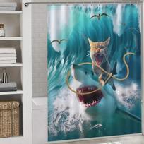 Cat and Shark Shower Curtain  Epic Ocean Wave Design Unique Waterproof Bathroom Decor Funny Animal Theme Blue Orange 90X180cm
