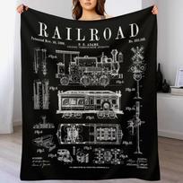Railroad Railway Steam Locomotive Train Vintage Patent Print Throw Blanket Flannel Fleece Soft Warm Throw Blanket Size: 75*100cm, Weight: 230 GSM