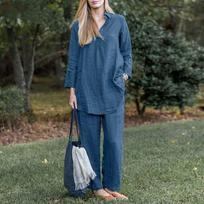 Set Loose lapel long-sleeved shirt wide-leg pants solid color elegant casual retro suit S mėlyna