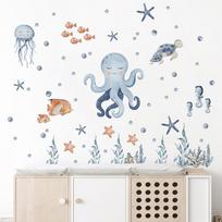 Octopus Wall Sticker for Kids Room Cartoon Marine Animal Theme Removable Home Decor for Bedroom Nursery Living Room mėlyna