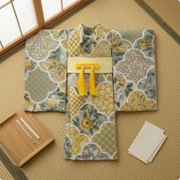 WrapFront Doll Robe Wide Sleeves Kimono Woven Textile Miniature Yellow Plaid Yellow Plaid
