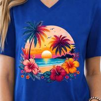 Tropical Sunset Hibiscus V-Neck Tee | Palm Trees Beach Sunset XL