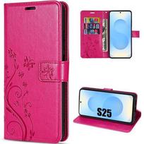 Case for Samsung Galaxy S25 - BOOLING - Shockproof PU Leather Fuchsia Floral Relief Pattern fuksija
