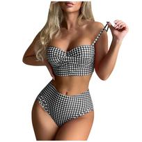 Moteriškas languotas maudymosi kostiumėlis su krūtinės ląstele Push Up Dviejų dalių maudymosi kostiumėlio viršutinė dalis su kelnaitėmis Slim Fit maudymosi kostiumėlis Pledas maudymosi kostiumėlis XXXXL juoda