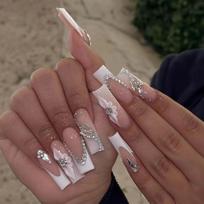 24Pcs Long Square Press On Nails, Nude with White French Tips & 3D Flower Rhinestone Fake Nails Kit United States