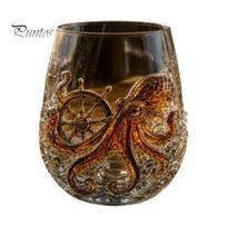 Home Bar Decor Accessories Octopus Pirate Whiskey Glass, Sea Creature Tentacle Engraved Tumbler, Embossed Nautical Stunning 3D Visual Drinkware Rocks A