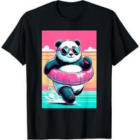 Funny Summer Panda Graphic Tee Cool Cartoon Animal Swim Ring Summer Vacation Beach T-Shirt S
