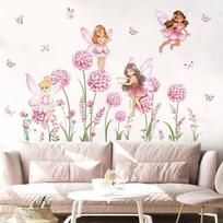Cartoon Pink Flower Fairy Dandelion Wall Stickers Girl Room Floral Butterfly Wall Decals Bedroom Baby Nursery Kids Home Decor rožinė