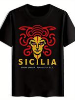 Sicilia Graphic T-shirt - Vibrant Red & Yellow Design with Roman Numerals S įvairiaspalvis