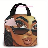 Stylish Black Insulated Lunch Bag with Vibrant African American Art Design - Durable Oxford Fabric, Thermal Cooler Tote for Wome One Size