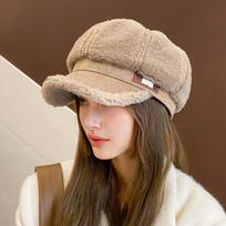 Women Winter Lamb Fleece Duckbill Hats Korean Girl Thicken Warm Octagonal Newsboy Beret Cap Cold-proof Plush Artist Painter Caps 56-58cm