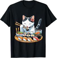 Cat with Sushi T-Shirt Sushi Lover Tee S