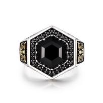 Feng Shui Taotie Pattern Hexagonal Ring with Black Onyx, Adjustable Lucky Wealth Ring, Chinese Mythological Jewelry Gift resizable sidabras