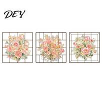 Peel Stick Wall Art 3 Sheets Spring Flower Sticker, Square Grid Floral Plants Decoration, Decor Removable Decal for Home Office Living Room A