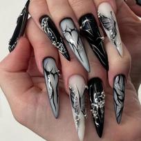 24Pcs Black Y2K Press On Nails, Long Almond False Nails with Butterfly & Silver Rhinestones United States
