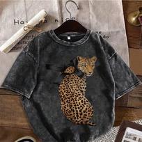 Vintage Washed Black Oversized T-Shirt Stylish Leopard Print Streetwear Cotton Short Sleeve Crewneck Tee S