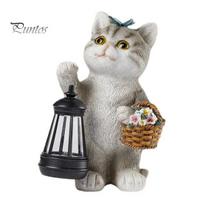 Solar Balcony Decoration Cat Garden Statue, Resin Outdoor Tabby Decor with Auto LED Patio Light, IP65 Waterproof Lawn Ornament for Patio, Gift Lovers A gray