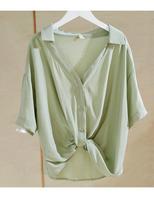 Summer Loose White V-neck Blouse and Shirt Short Sleeve Thin Formal Work Wear Bottom Tops Plus Size Available Casual Office Daily Wear Breathable M žalia