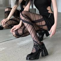 Summer Sexy Irregular Striped Tights Y2K Girls Spicy Cross Strappy High Waist Semi-Sheer Footed Pantyhose Cross Tube Stockings One Size