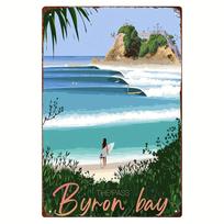 Vintage Surfing Wall Art Metal Sign - Frameless Rust-Resistant Tin Painting of Byron Bay Coastal Scene,   Pre-Drilled for Easy 20X30CM