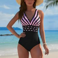 European and American New Striped Bikini Print Gathering Chest Backless Swimsuit Women's Hot Spring Vacation Color Matching S rožinė