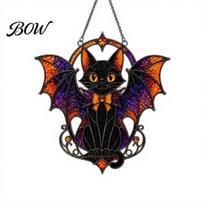 Indoor Outdoor Holiday Accents Halloween Bat Cat Suncatcher, Stained Glass Style Acrylic Sun Catcher, Gothic Decorative Window Prism Suncatcher Black juoda