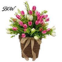 Hemp Basket Wreath Artificial Tulip Door Hanger for Front Spring Summer Festival Decoration Hanging Floral with Woven Wall Window Holiday Decor 1pc